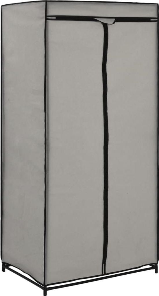 A standalone image of a gray fabric wardrobe with a black zipper.