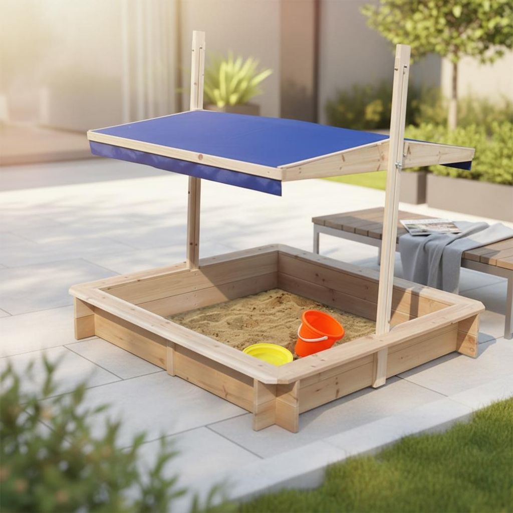 Sandkasten Holz mit verstellbarem Dach Sonnenschutz & Produktbild 