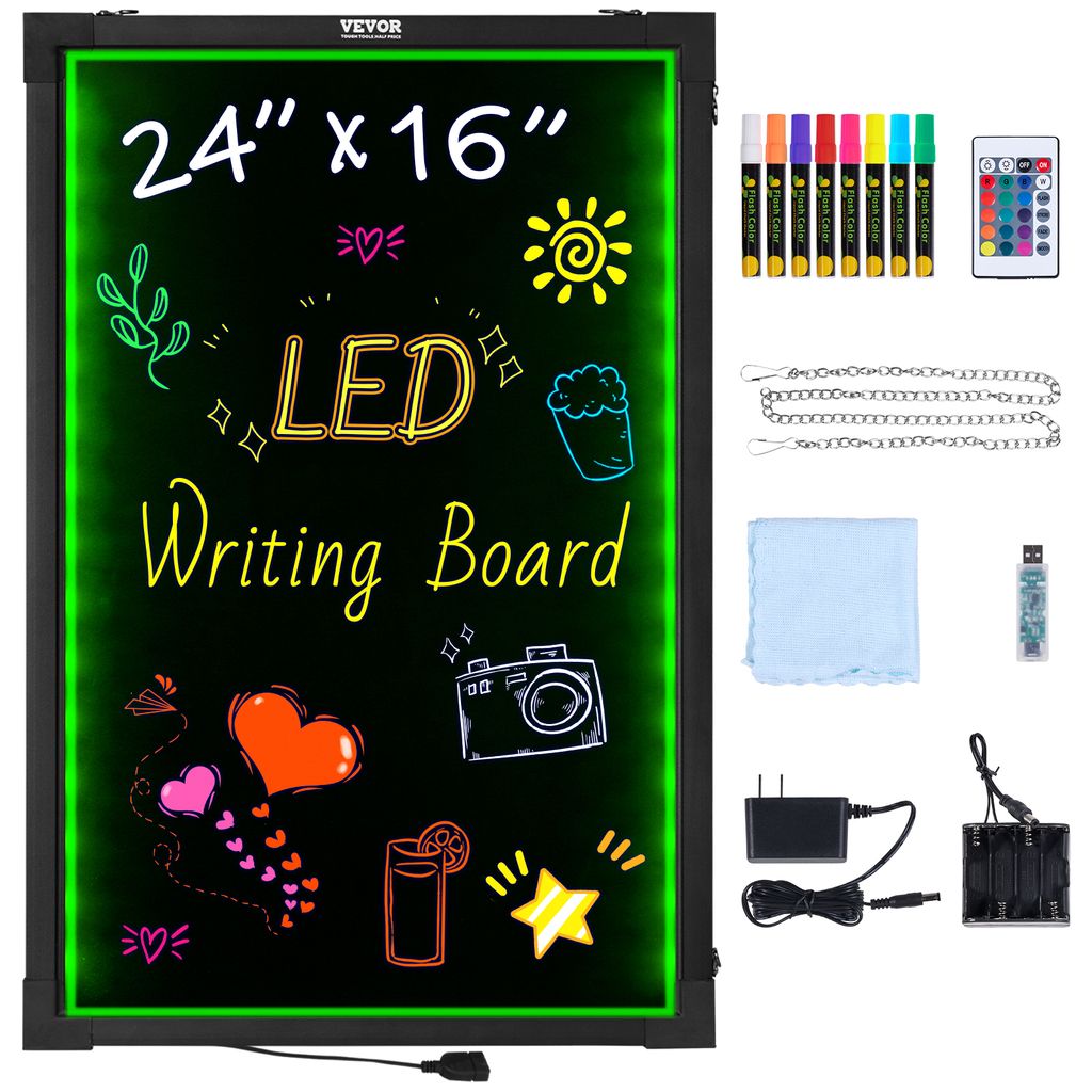A VEVOR LED writing board with various accessories displayed around it.