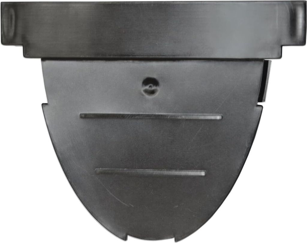 A close-up, front-facing view of a black drainage gutter end cap.