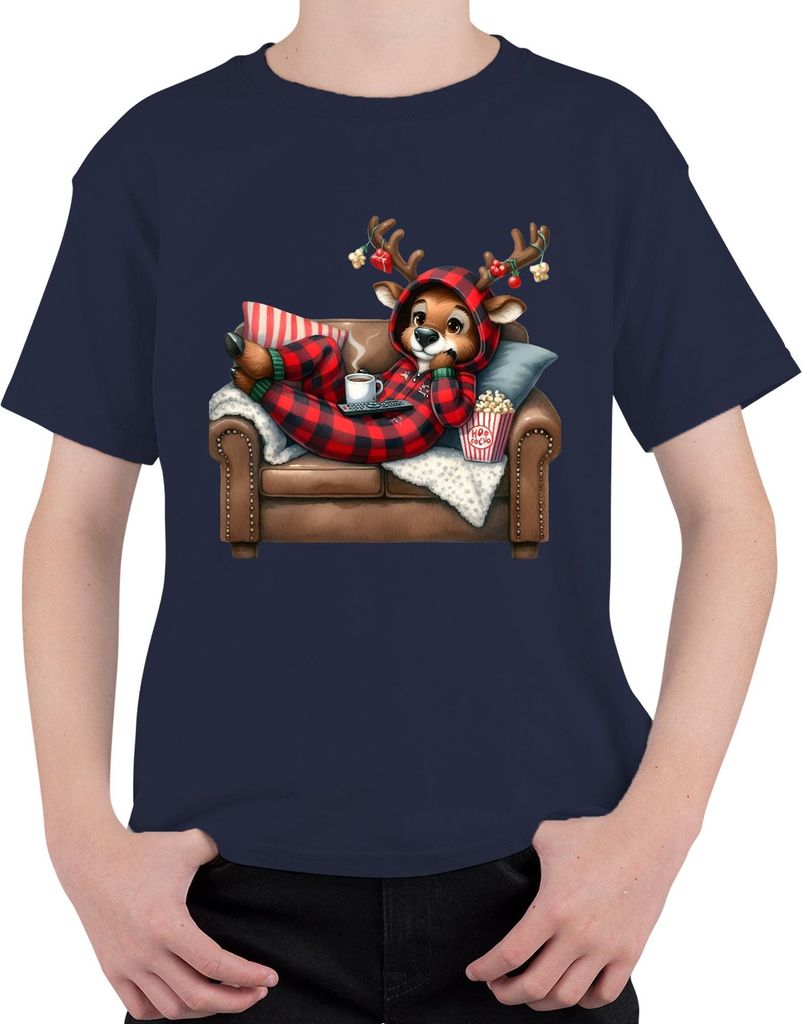 Rentier Weihnachten Kuschelig Buffalo Karo Onesie Filmabend Uni Kinder T-Shirt, Navy, 152