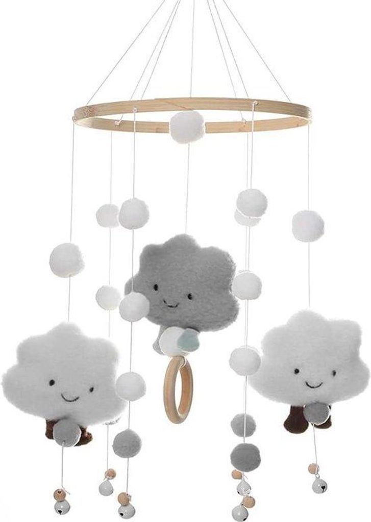 Graues Baby-Windspiel mit Musik - 3D-Clouds - Holz - Ballen - für Mädchen und Jungen - Geschenk für Neugeborene