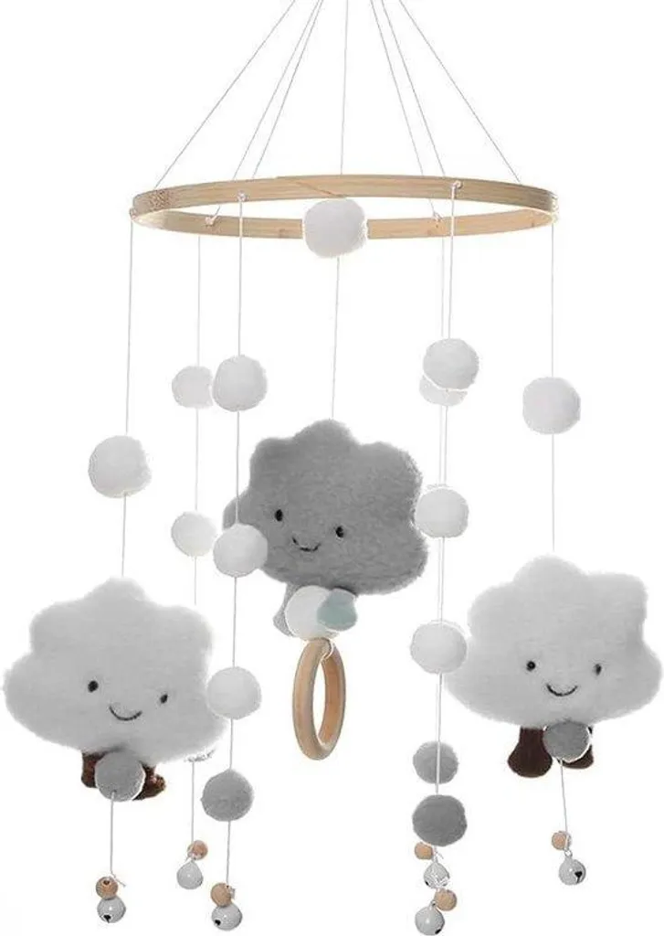 Mobile musical bébé bois gris nuages 3D : aide au sommeil naturelle
