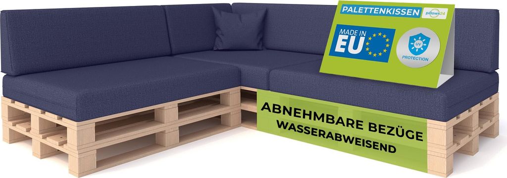 Pillows24 - Palettenkissen mit abnehmbarem Bezug - 8ER SET | Polster für Europaletten 120x80 Sofa - Wasserfest - Outdoor/Indoor | Blau