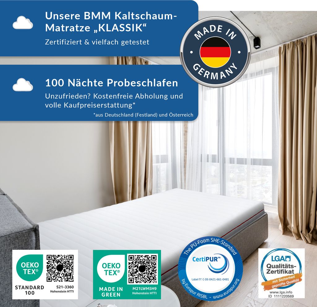 BMM Matras 120 x 200 cm, stevig comfort, koudschuimmatras, Oeko-Tex gecertificeerd, ergonomisch, 7 zones, hoogte 23 cm, gemaakt in Duitsland