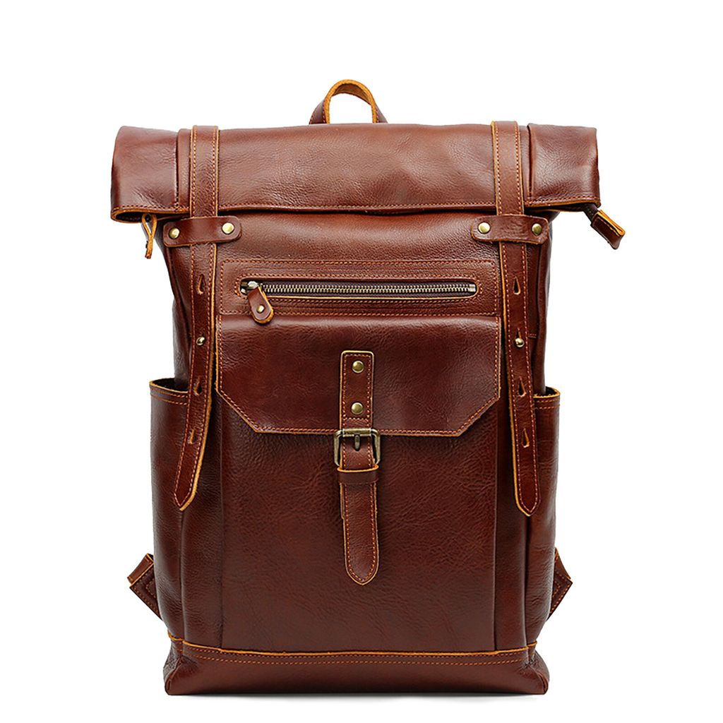 MODFU Handmade Rolltop Rucksack Herren Groß aus Premium Leder Lederrucksack Damen für 17 Zoll Laptop Backpack Leather Vintage Braun