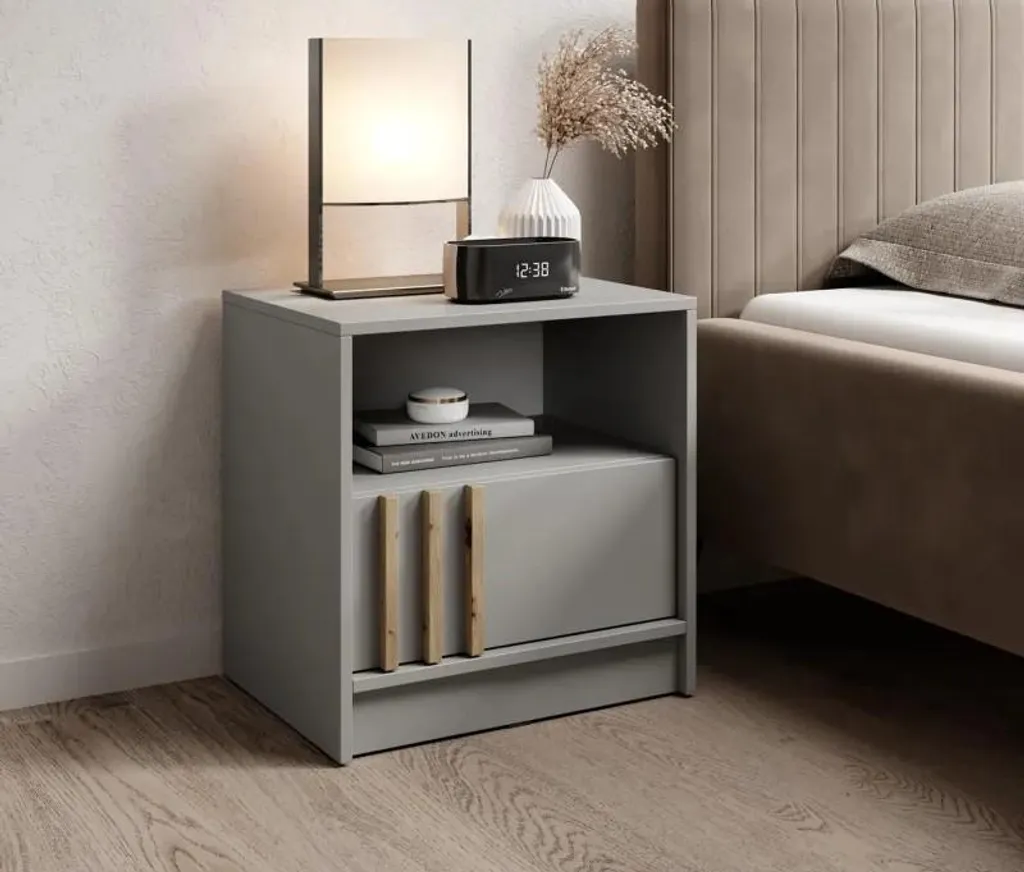 Comodino MARFA Grigio e Rovere Artigianale: Stile Notte Unico