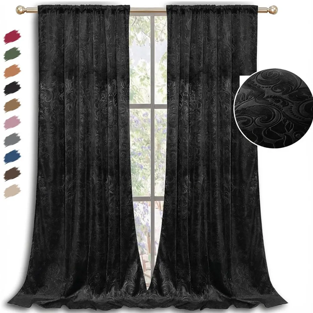 Set di 2 tende in velluto con nastro arricciato 132x274 cm Motivo goffrato Tende opache Tende oscuranti Belle e pesanti Tende oscuranti Soggiorno Camera da letto, Nero