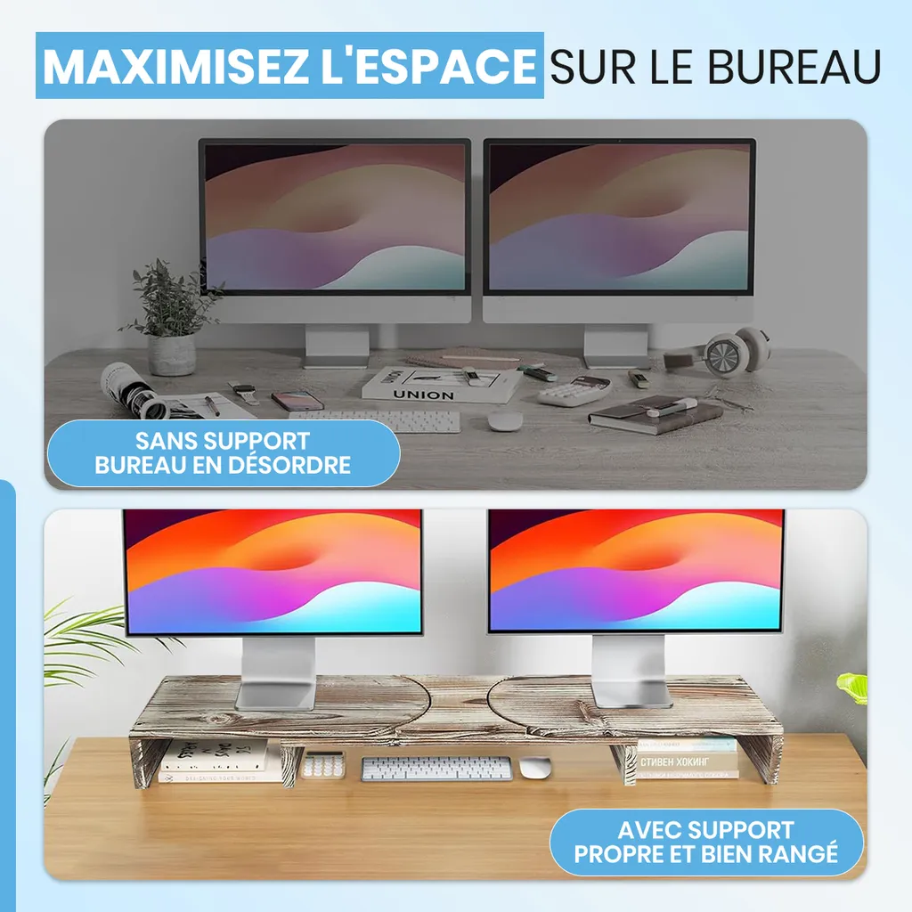 Support d'écran double en bois réglable : Solution ergonomique avec tiroir - 4