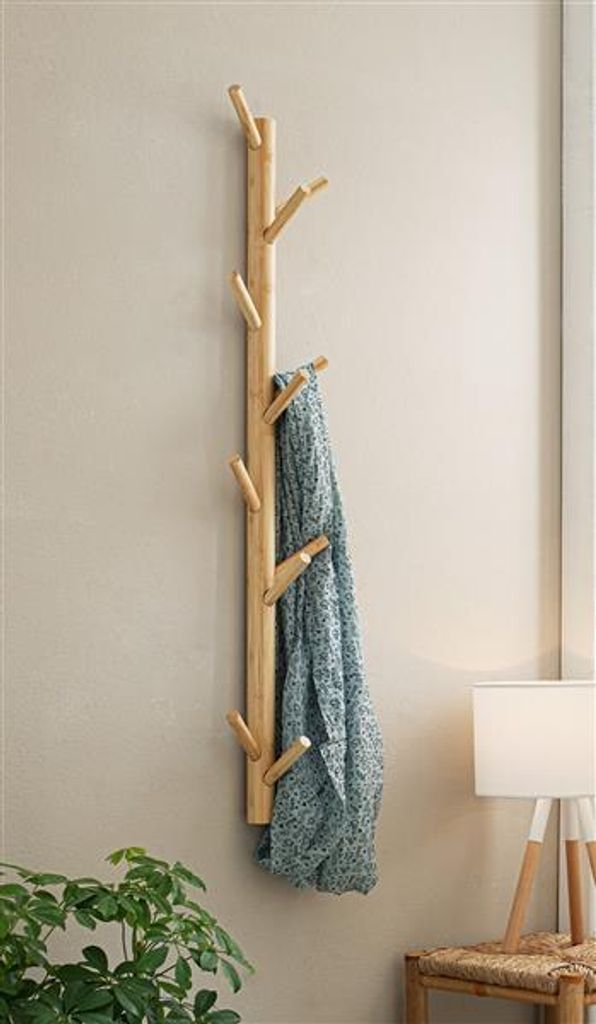 Garderobe "Bambus" mit 11 Haken, braun, 100 cm hoch, aus Holz im Scandi-Style