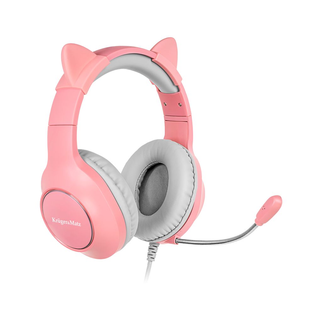 A pink gaming headset with cat ears and a microphone, shown from a side angle against a white background.