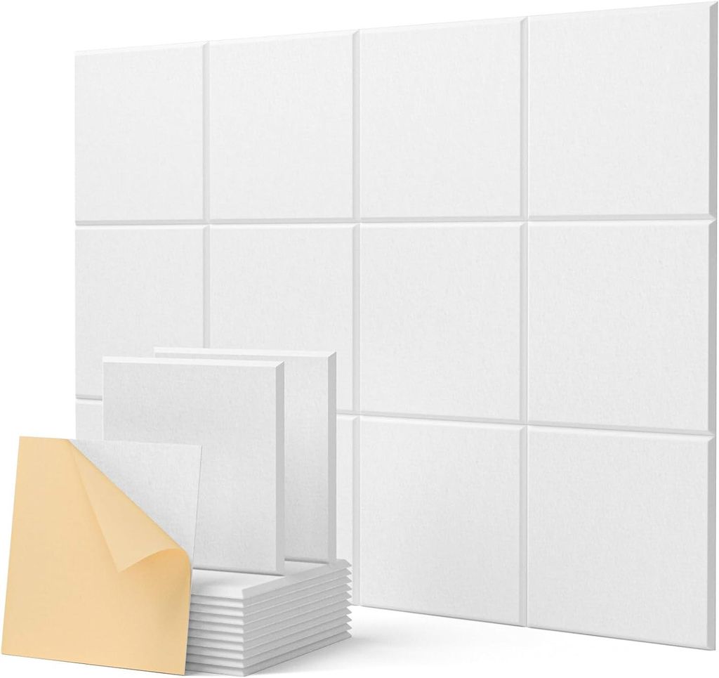 Akustikplatten selbstklebend 12 Stück Schallschutzwand - hochdichte Polyester-Akustikpaneele - abgeschrägtes Randdesign - weiß - für Wanddecken...