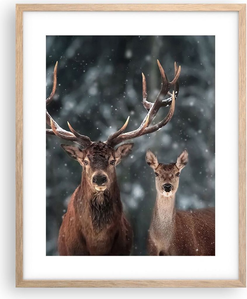 Gerahmtes Poster - Rahmen in heller Eiche - Hirsch Rentier Reh - 40x50 cm - Wand Bild - Wanddeko - Wandbilder - Kunstposter - Wandposter - Bilderra...