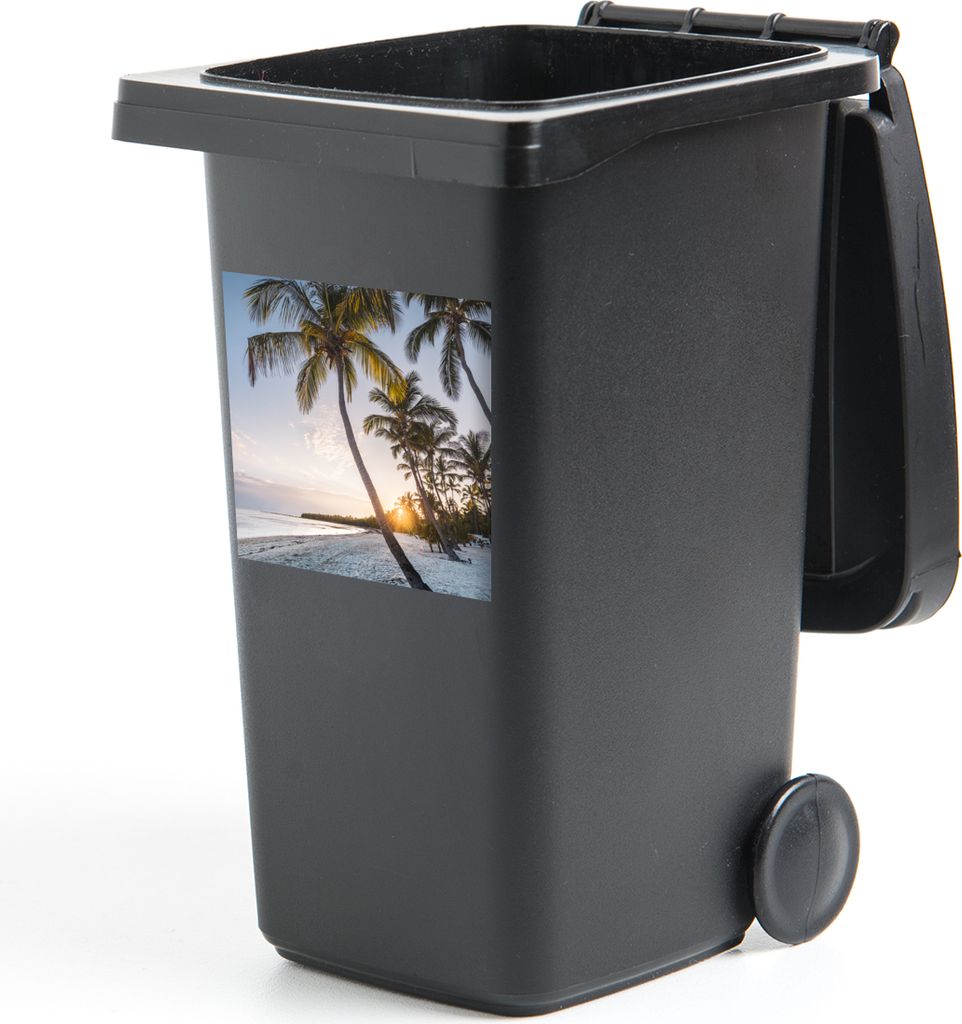MuchoWow Mülltonnenaufkleber Strand - Sonnenuntergang - Palme 40x40 cm - Abfall-Aufkleber - Container - für Abfallcontainer