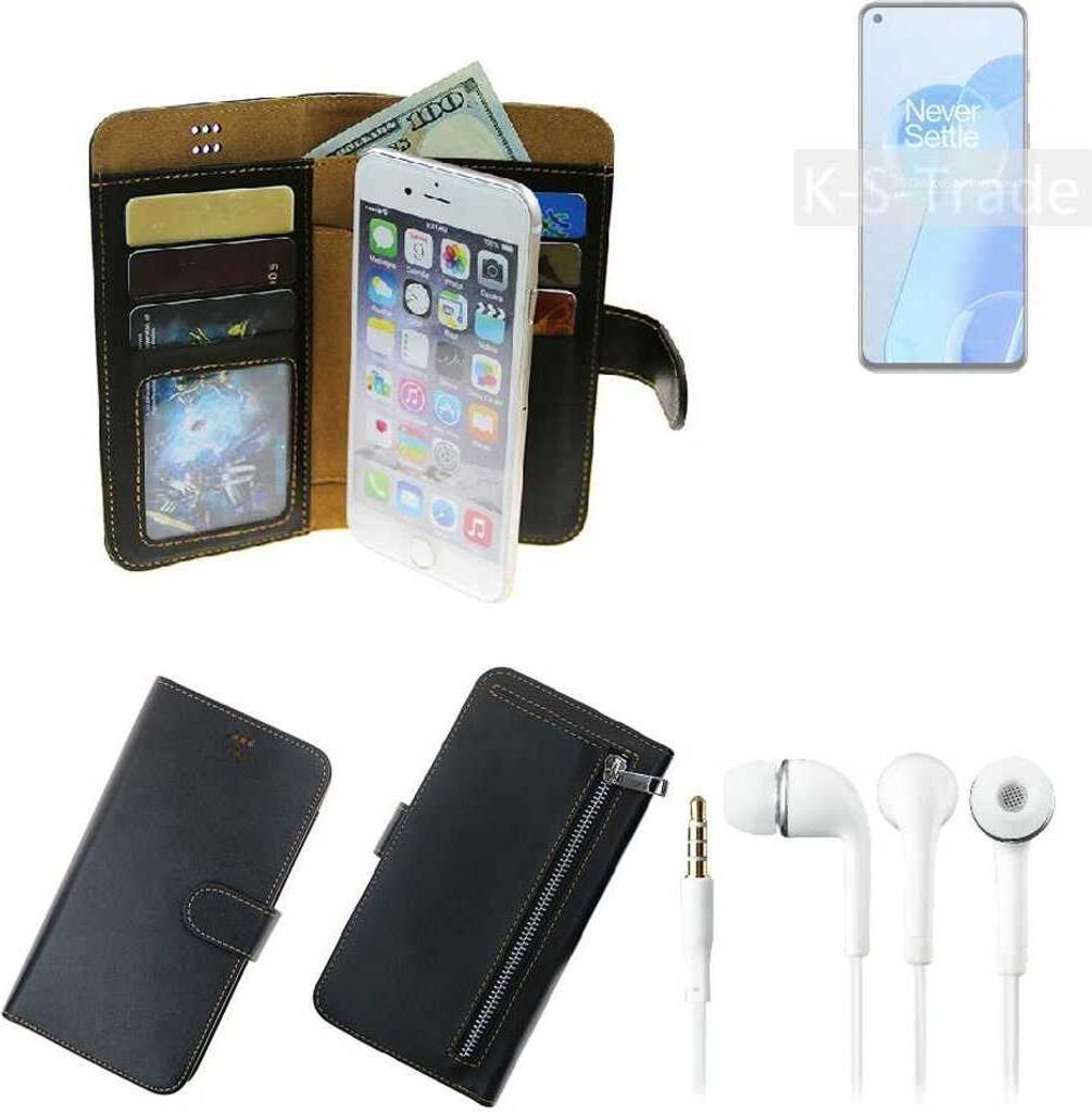 TOP SET Handy Hülle Schutz Hülle kompatibel mit OnePlus 9RT schwarz aus Kunstleder + Kopfhörer Smartphone Tasche vollwertige Geldbörse