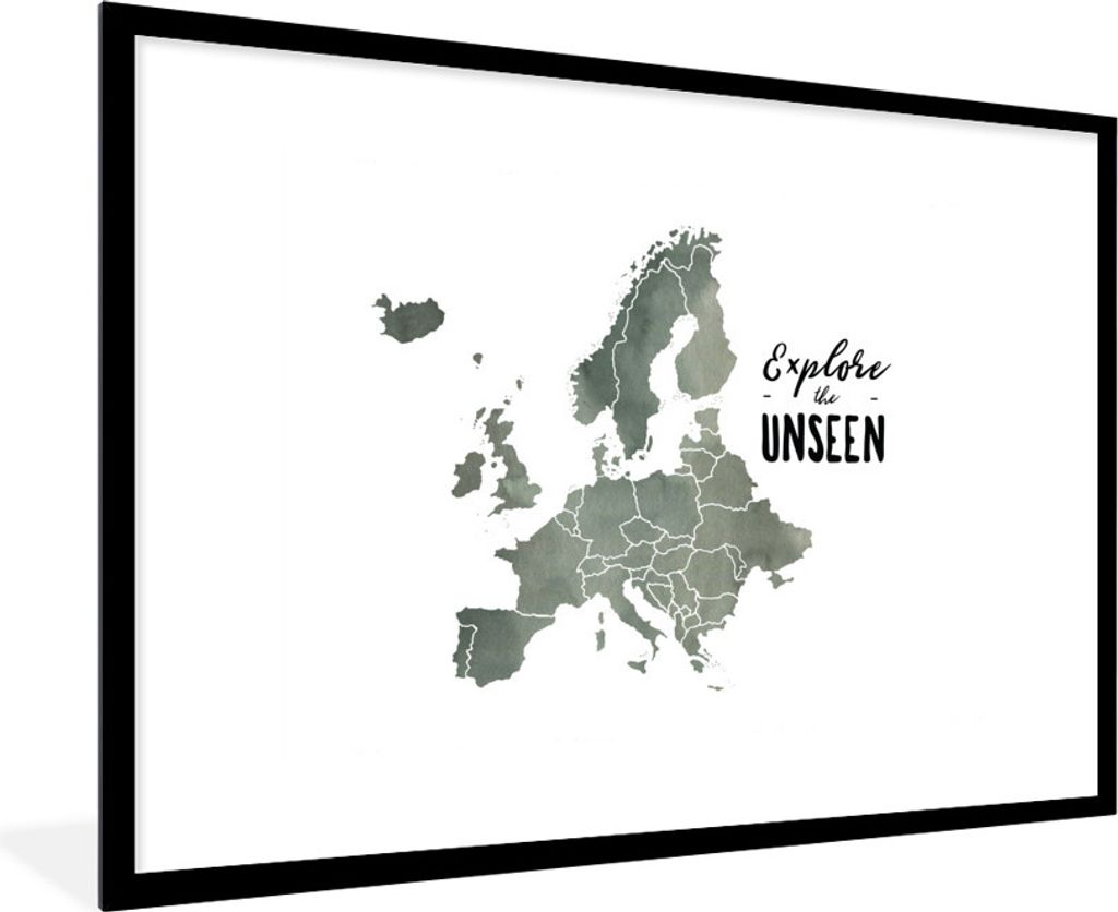 MuchoWow MuchoWow Gerahmtes Poster Europa Karte - Grau - Zitate 90x60 cm - Poster mit zchwarzem Bilderrahmen - Wanddekoration - Fotos