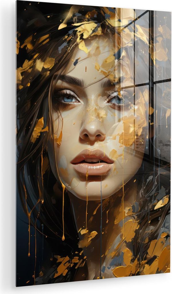 MuchoWow Glasbilder - Bilder auf Wandbild - Foto auf Glas Frau - Porträt - Abstrakt - Kunst - Gold 20x30 cm Wanddekoration aus Glas - Acrylglasbil...