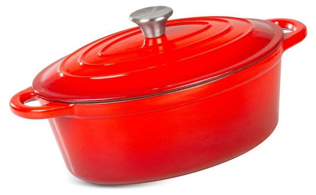 A red oval cast iron pot with a silver lid handle is shown against a white background.