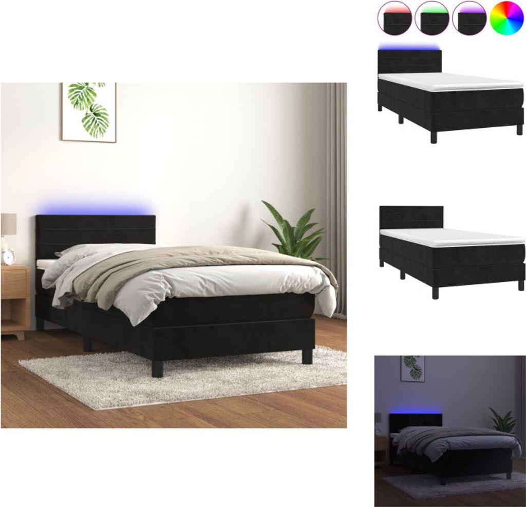 vidaXL Boxspringbett mit Matratze & LED Schwarz 90x190 cm Samt - Betten & Bettgestelle