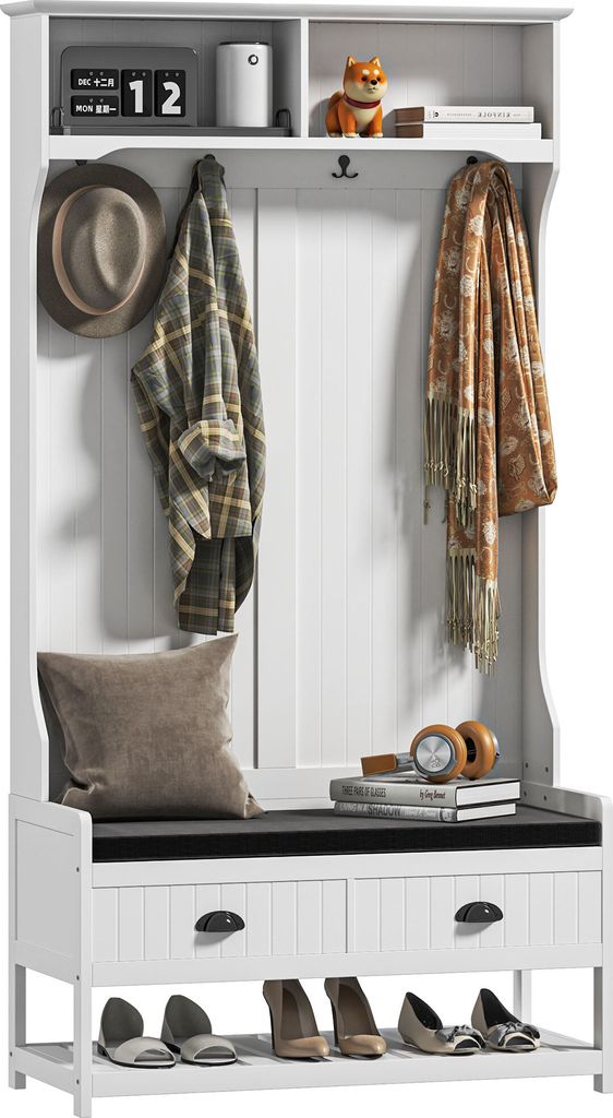 HOMCOM 2-in-1 Garderobenständer, Kleiderständer mit 4 Haken, Garderobe mit Schuhbank und Ablagen, Jackenständer mit Kippschutz, für Eingangsber...