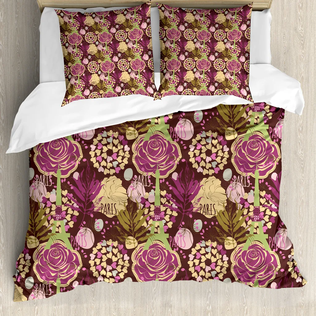 ABAKUHAUS Copripiumino moderno, Plum Torre Eiffel francese, antiacaro, adatto a chi soffre di allergie, con federe, 200 cm x 200 cm - 80 x 80 cm, Pale, Verde, Viola
