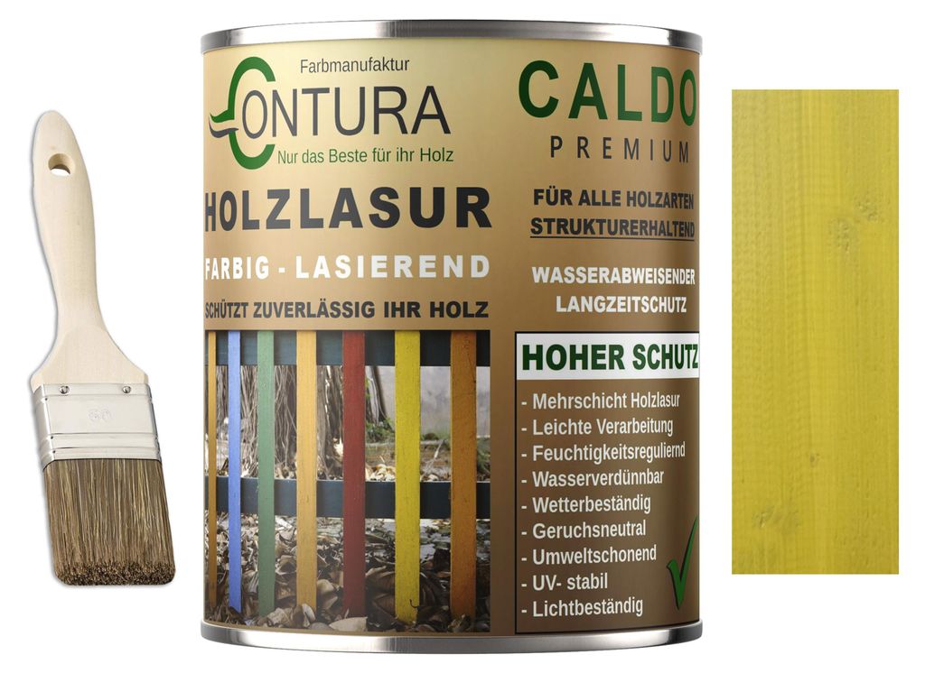 Contura Holzlasur Langzeitschutz Lasur + Pinsel Holz Außen Dauerschutzlasur Holzfarbe - 750ml. + Pinsel / Limette / Gelb - 10.10