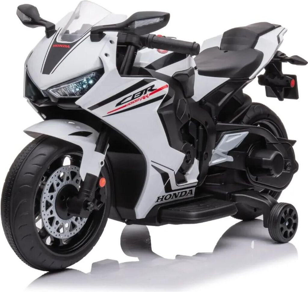A white electric motorcycle with black accents and red detailing, designed to resemble a Honda CBR 1000RR.