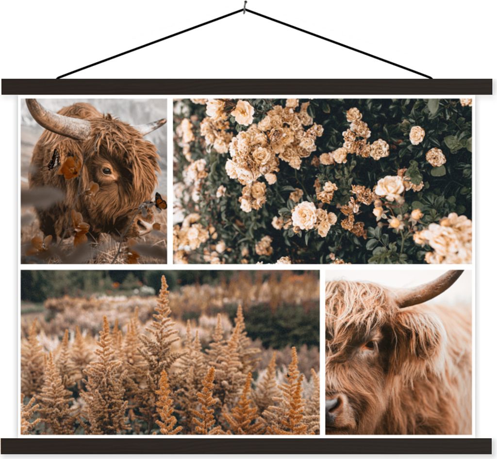 MuchoWow Textilposter Scottish Hochlandrind - Blumen - Pflanzen 60x45 cm mit schwarzem Rahmen - Poster Schlafzimmer