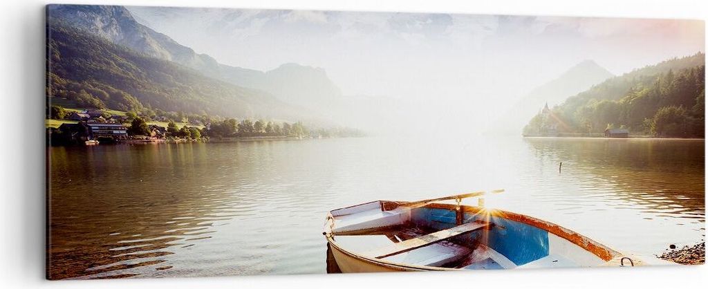 Bild auf Leinwand - Leinwandbild - Berge See Boot - 140x50cm - Wand Bild - Wanddeko - Wandbilder - Leinwanddruck - Bilder - Kunstdruck - Wanddekora...
