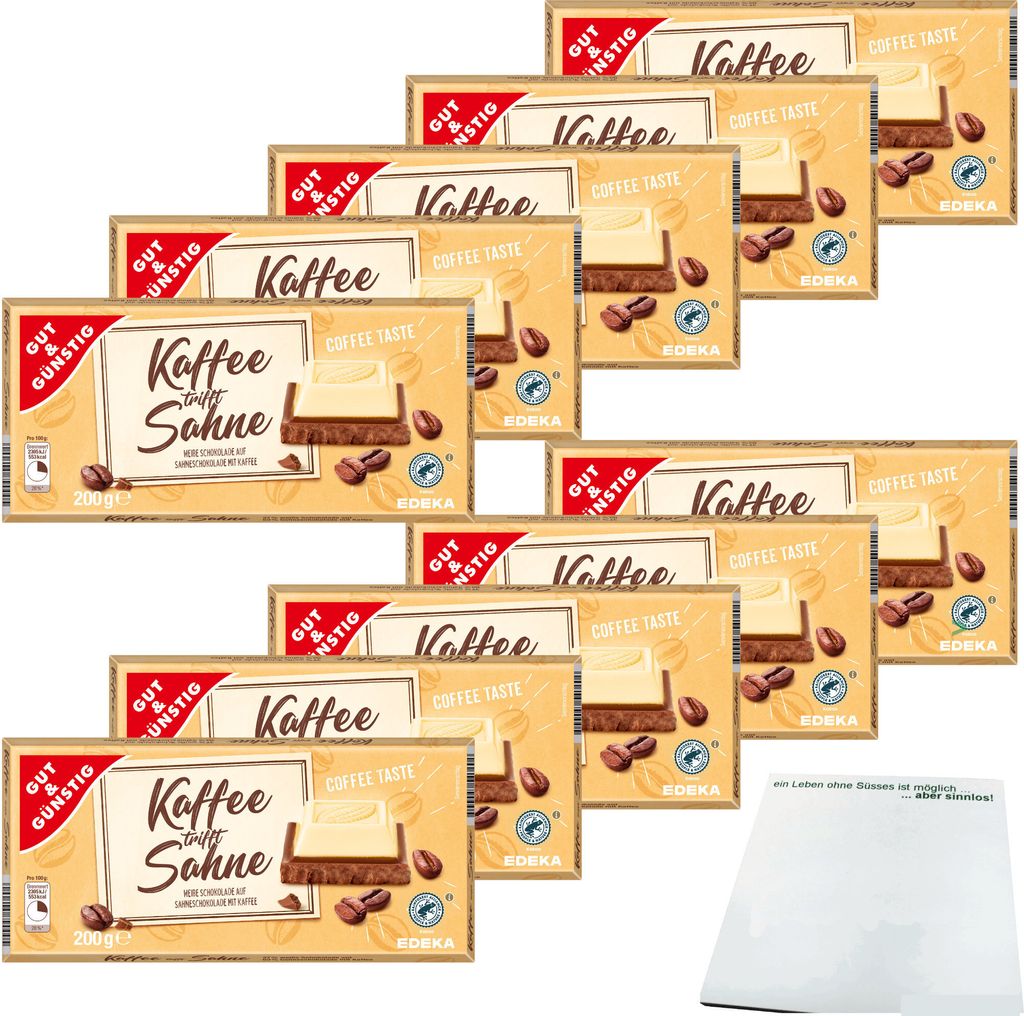 Gut & Günstig Kaffee trifft Sahne weiße Schokolade auf Sahneschokolade mit Kaffee VPE (10x200g Tafel) + usy Block