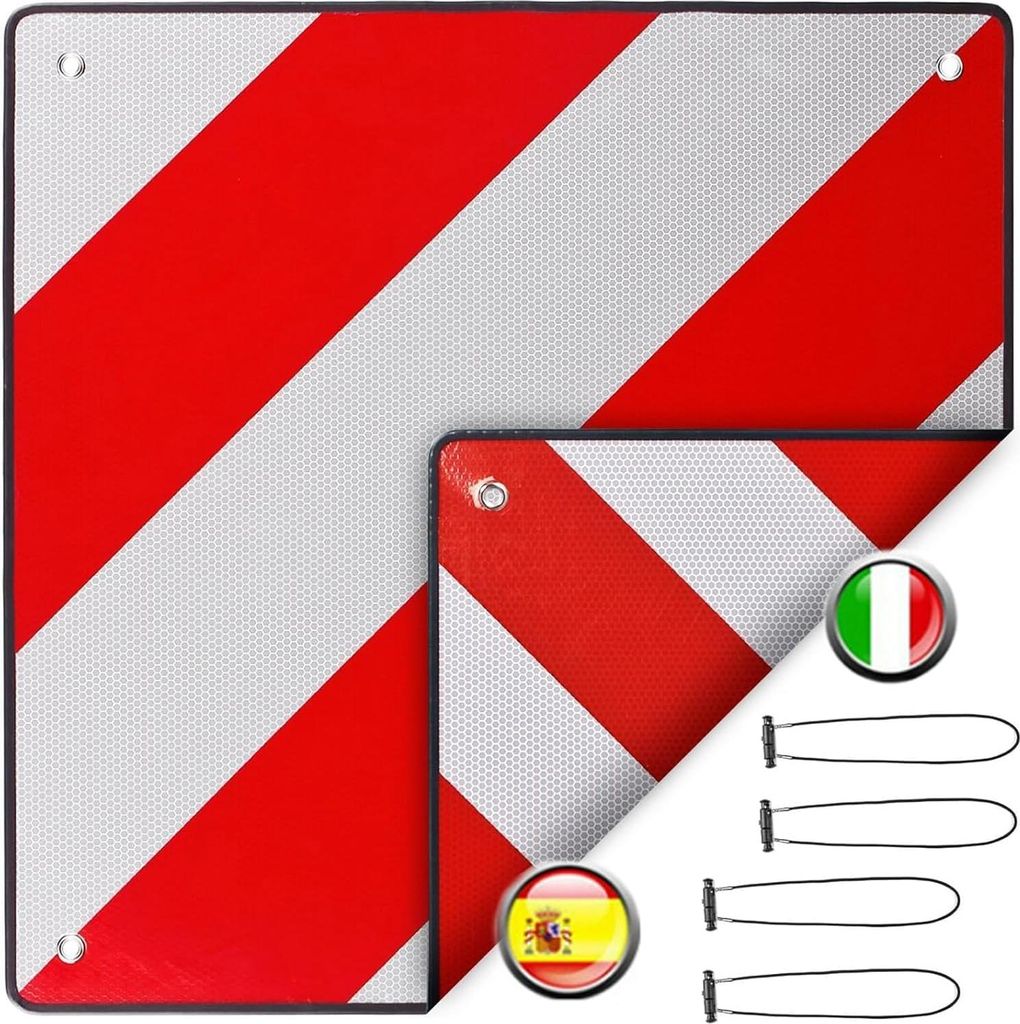 Fahrradträger Warnschild Italien Spanien - 2-in-1 mit 4 Spanngurten 50 x 50 cm reflektierend