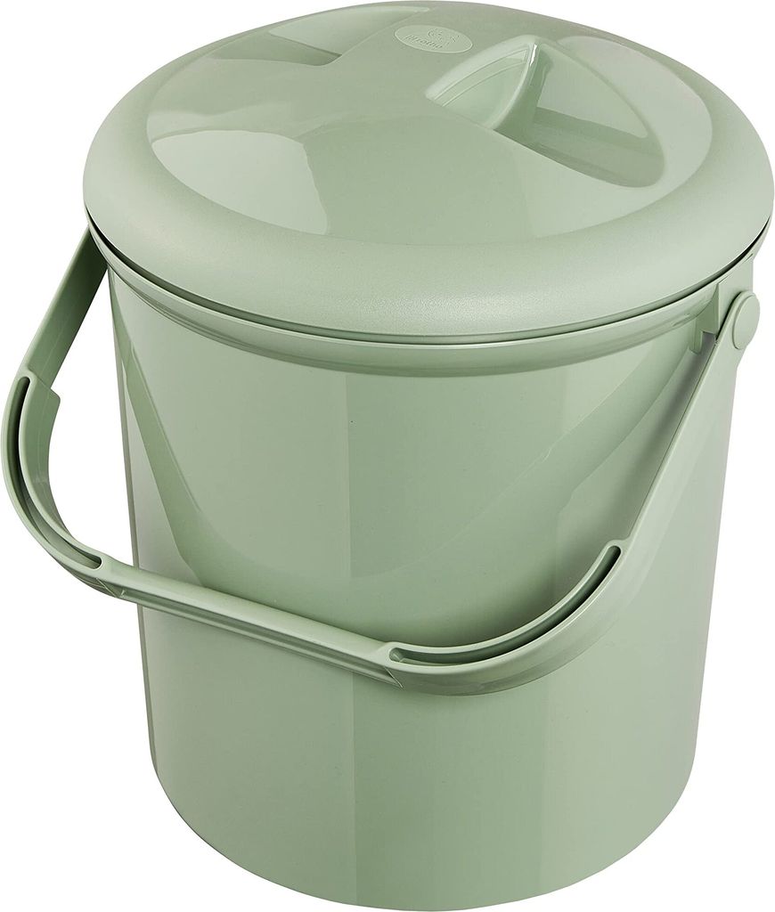 A light green plastic bucket with a lid and handle, shown against a white background.