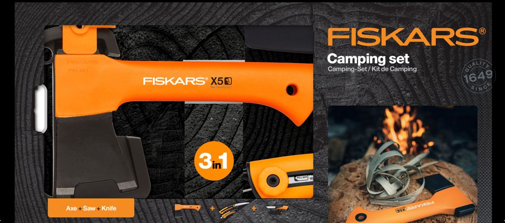 A collage of images showing a Fiskars camping set, including an axe, knife, and saw, with a campfire in the background.