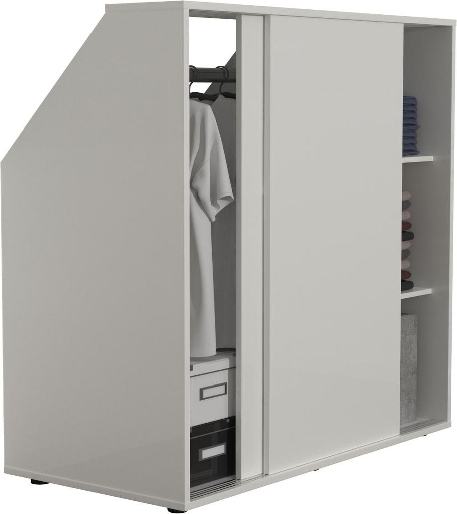 A white wardrobe with sliding doors, showing clothes hanging inside and shelves with folded items.