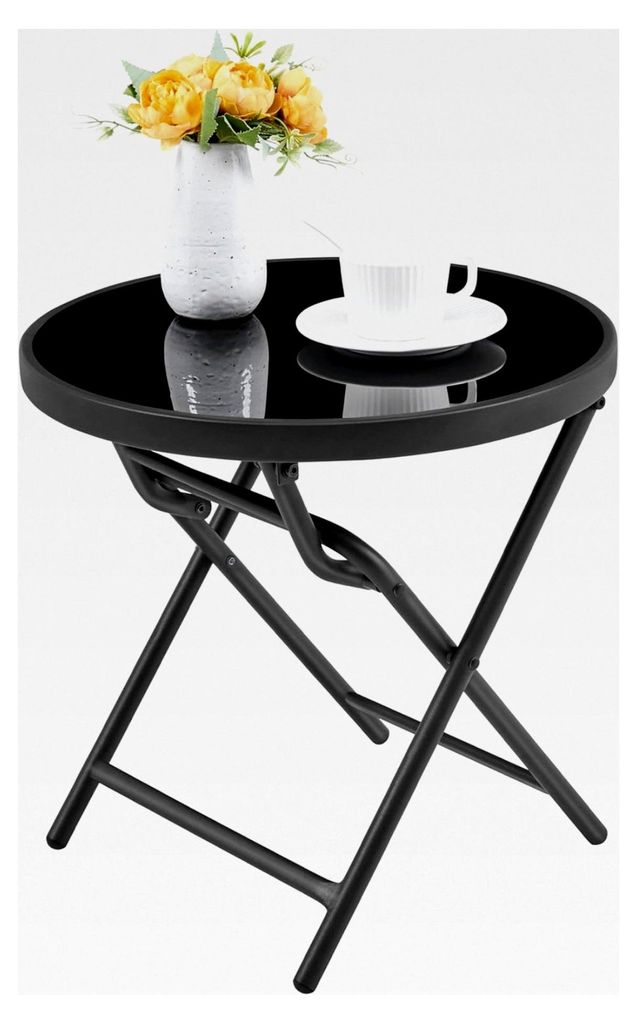 Klappbarer runder Beistelltisch ø46 cm aus Glas und Metall für Garten, Balkon und Terrasse, wetterfest und pflegeleicht
