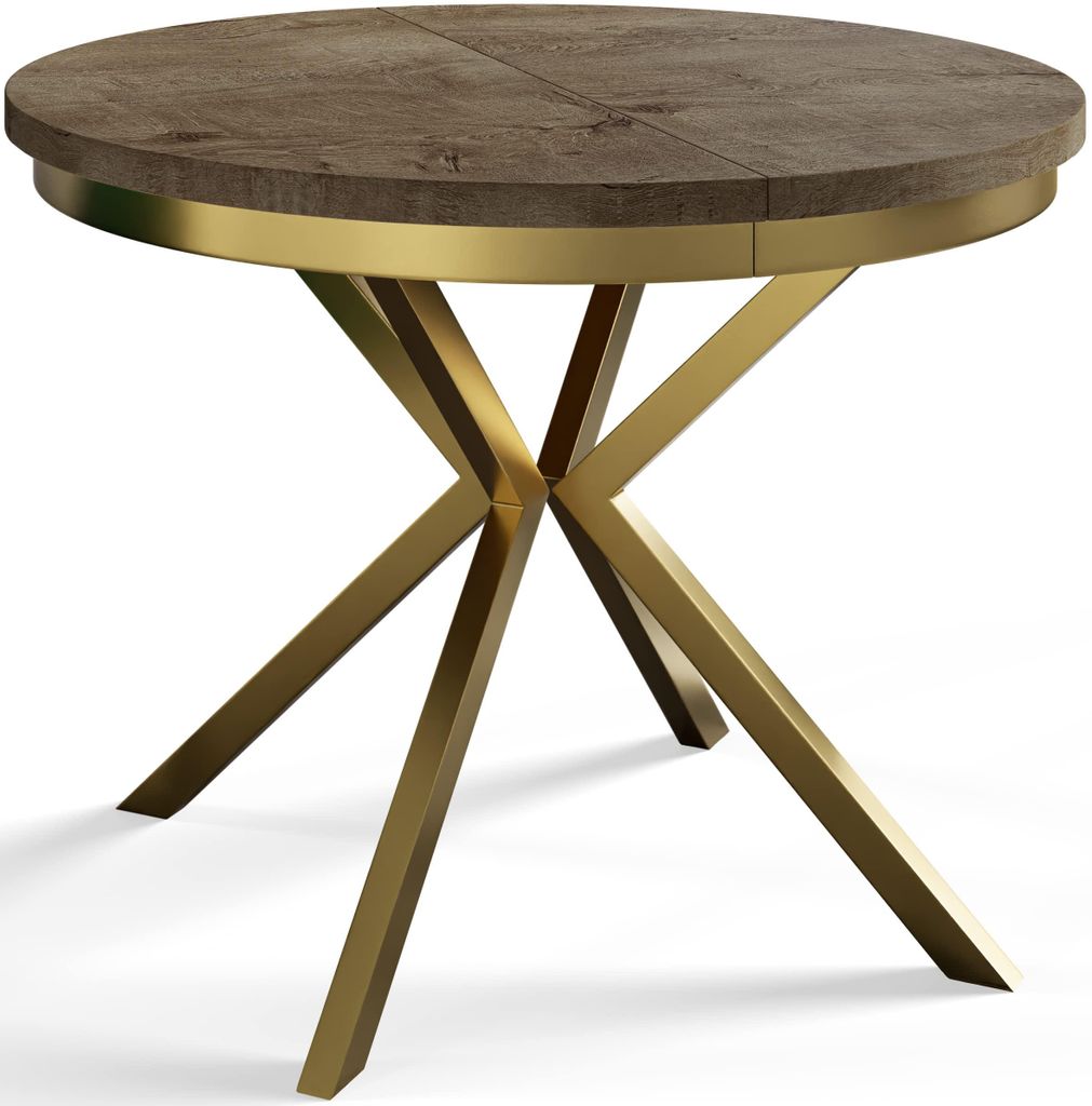Esstisch Rund Bergo, Esstisch Ausziehbar 100-180 cm, Moderner Wohnzimmertisch, Grau mit Metallbeinen in Gold