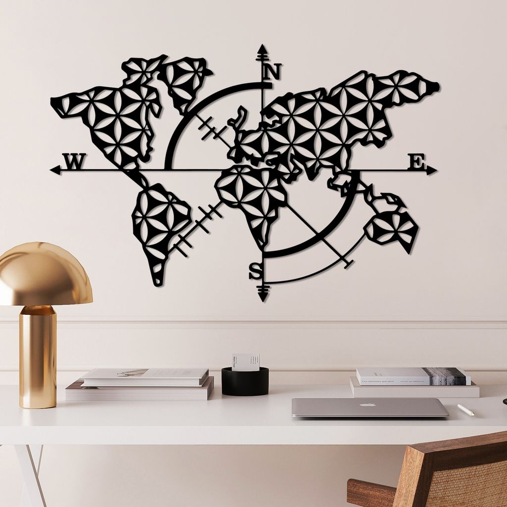 Wallity, World Map 2 - v2, Dekoratives Wandaccessoire aus Metall, Schwarz, 100 % METALL, 74 x 49 cm