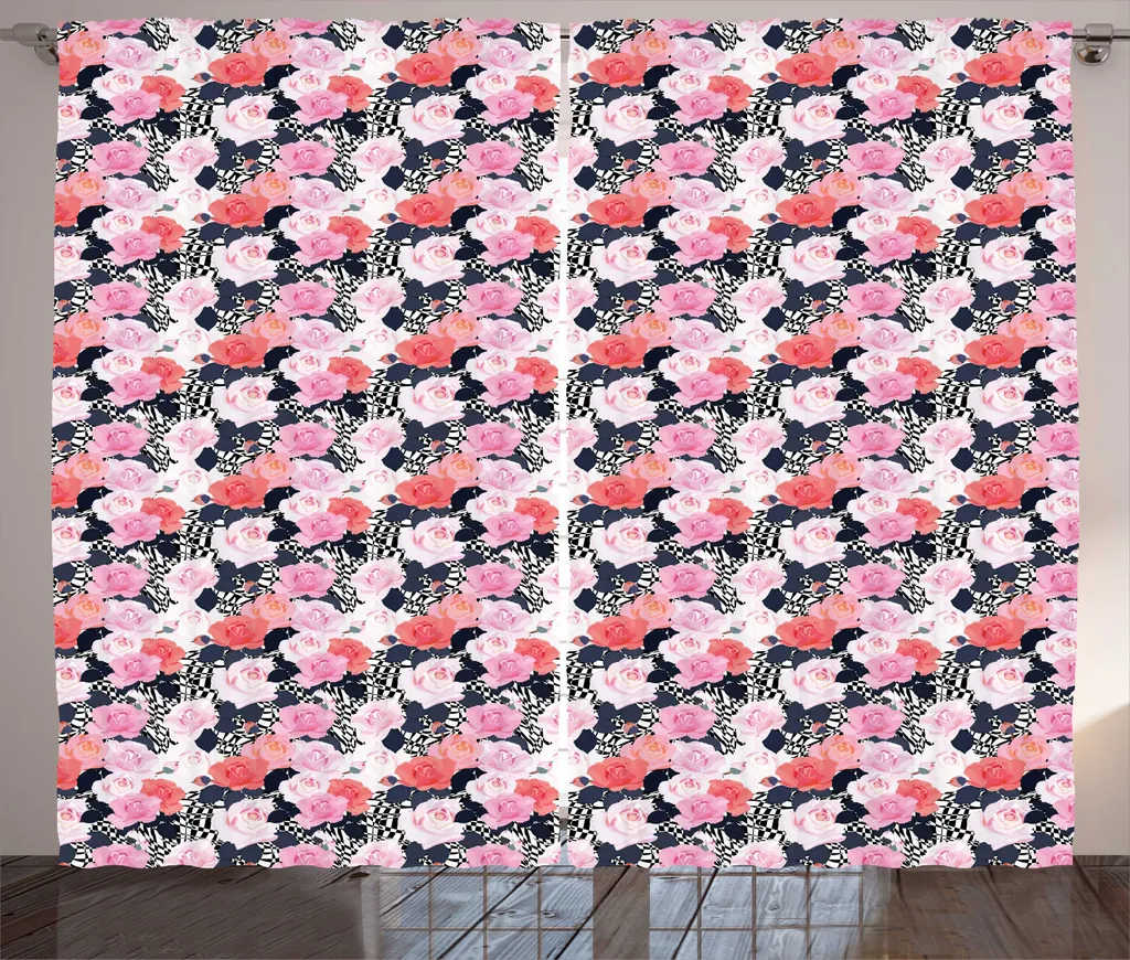 Rideau Floral avec Boucles et Crochets Rose Pâle et Corail Gris 280x225