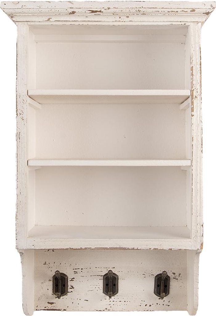 A white wooden wall shelf with three shelves and three hooks at the bottom.