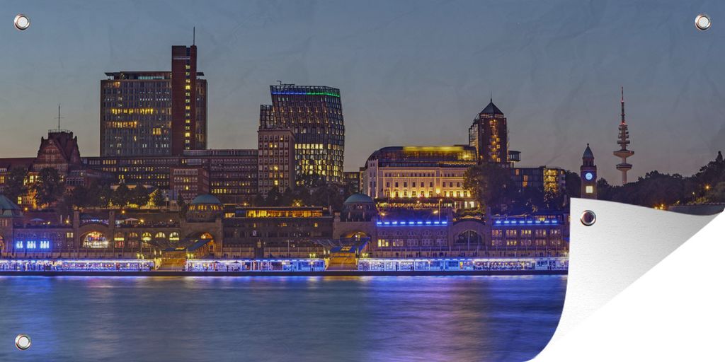 MuchoWow 160x80 cm Outdoor-Poster Gartendeko Sichtschutz Garten Poster für den Garten Skyline - Hamburg - Licht