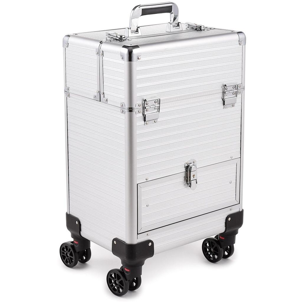 Kosmetikkoffer auf Rollen Aluminium Silber 40L Make-up Trolley mit Schublade