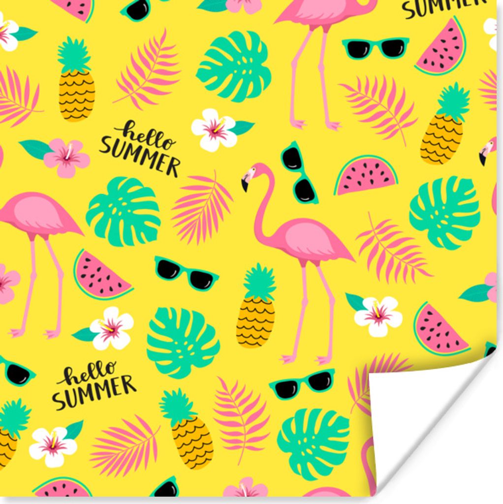 MuchoWow Poster Sommer - Flamingo - Gelb 30x30 cm - Wandposter - Printing