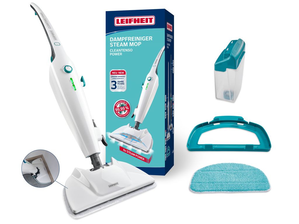 A Leifheit steam mop product shot with its accessories.