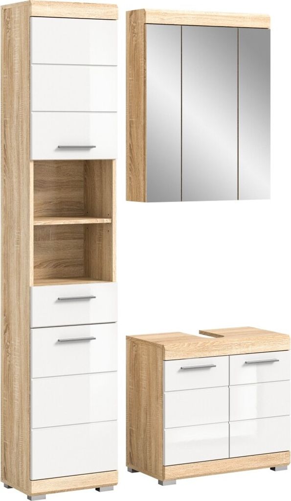 Badezimmer-Set LEWOTO – 1 Hochschrank, 1 Waschbeckenunterschrank, 1 Spiegelschrank – Weiß und Eiche