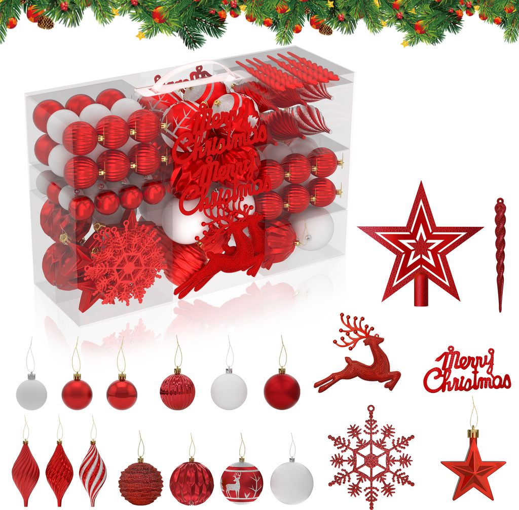XMTECH Weihnachtskugeln 108tlg, Plastik Christbaumkugeln Set, Weihnachtsbaumschmuck Dekoration in Rot für Party, Haus Dekoration und Festliche Anl...