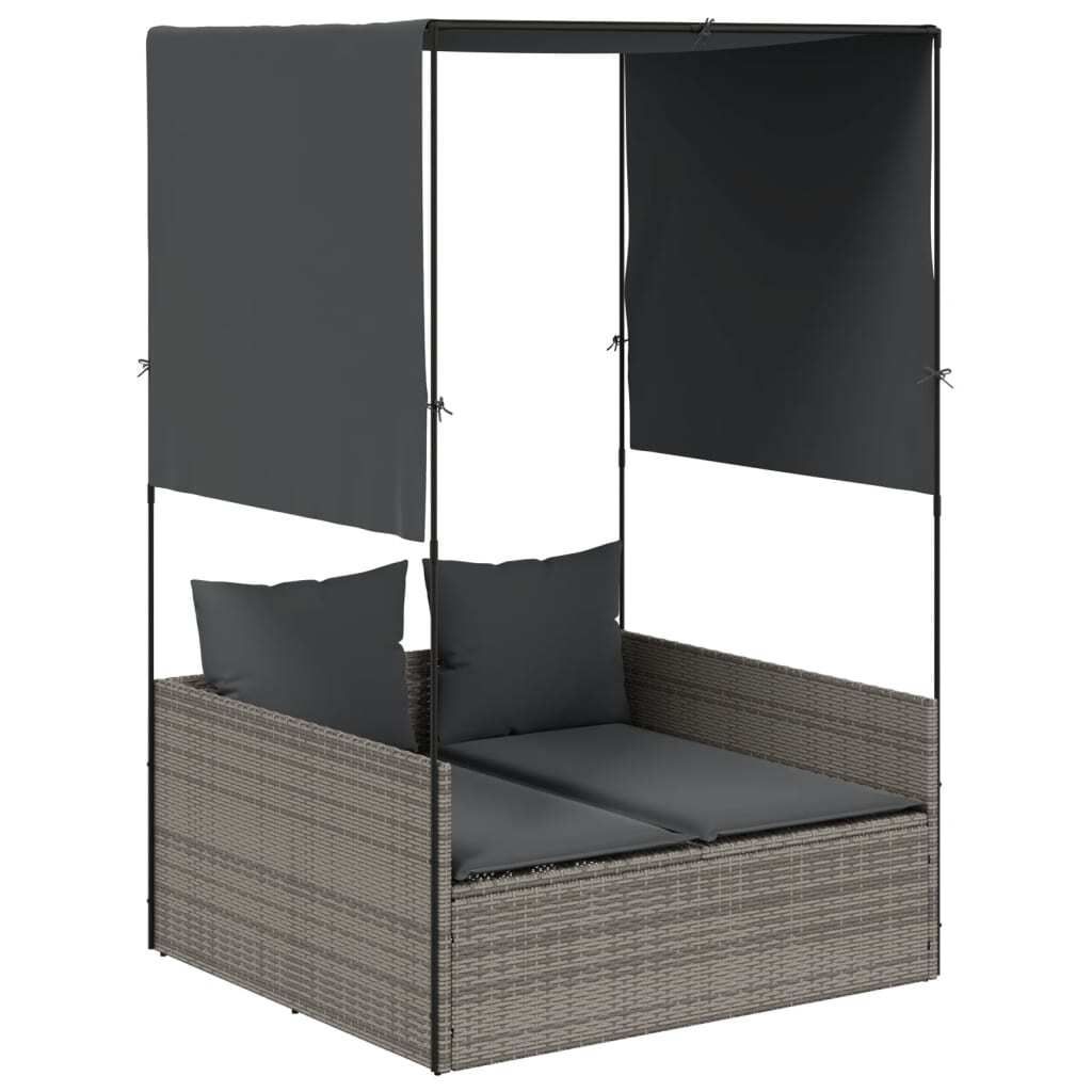 SYFAX Doppel-Sonnenliege mit Dach und Vorhängen Grau Poly Rattan