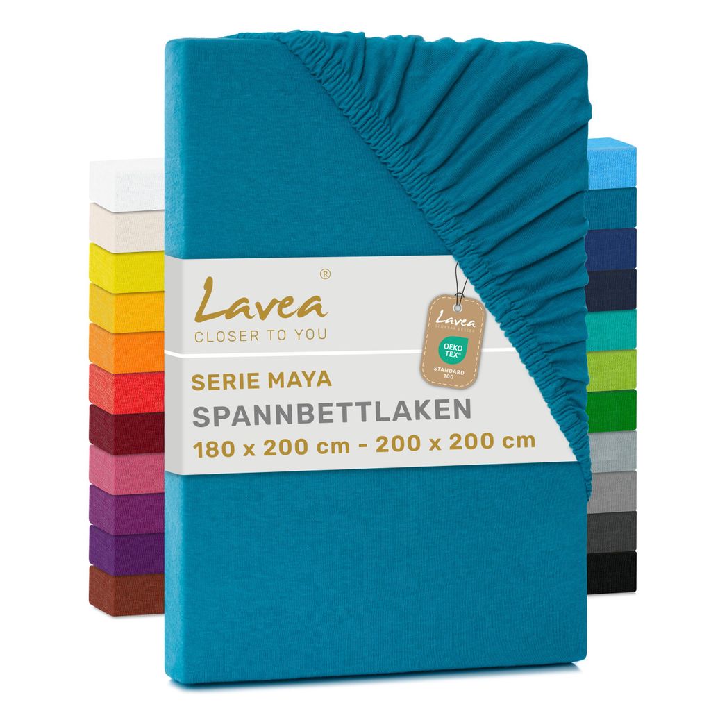 Lavea Spannbettlaken 180x200cm - 200x200cm Maya Jersey, Bettlaken 100% Baumwolle, Matratzen bis 20 cm, Spannbetttücher, Aquamarin