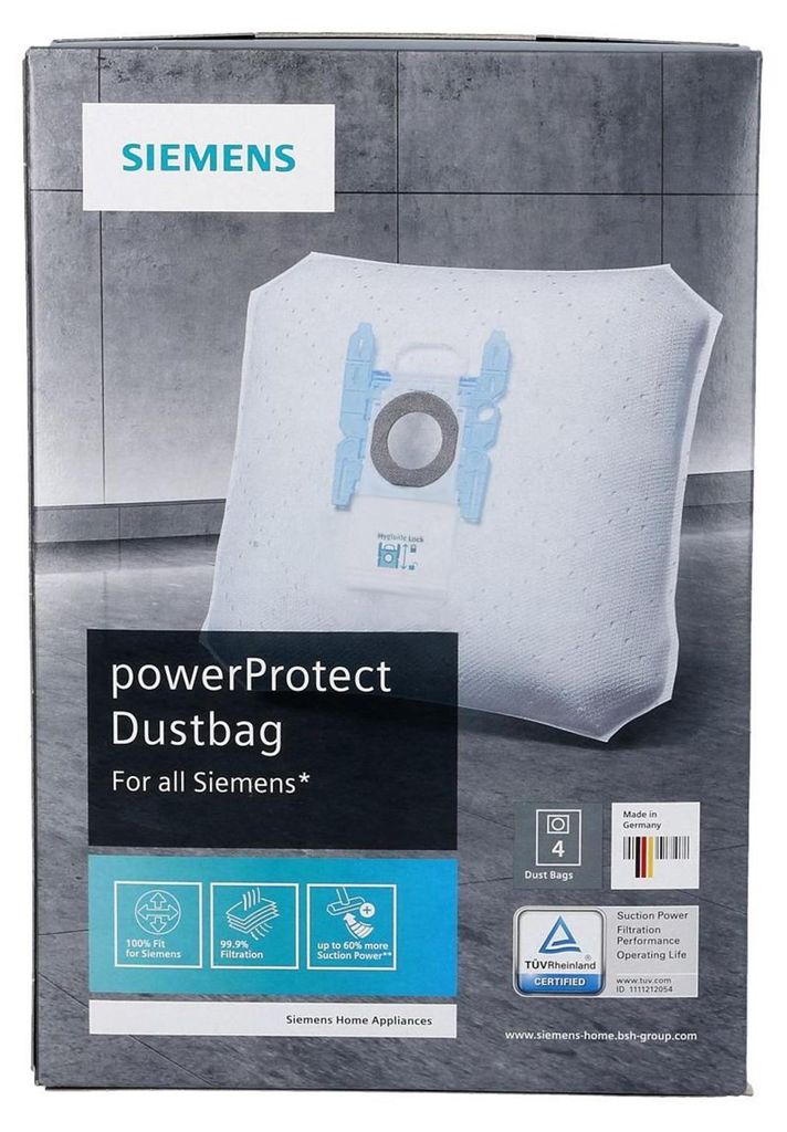 The image shows the packaging of Siemens powerProtect Dustbags.