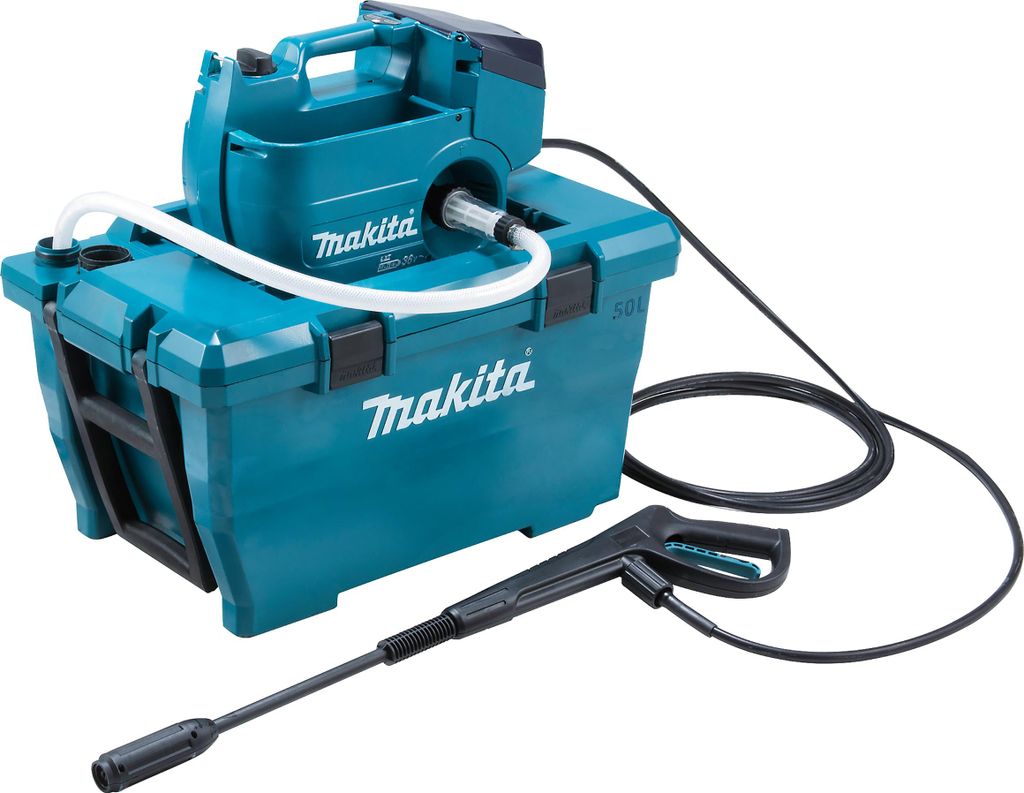 A teal and black Makita cordless high-pressure cleaner with a spray gun and hose.