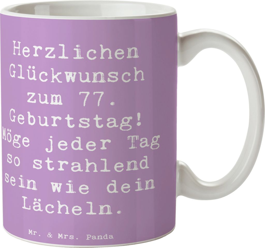 Mr. & Mrs. Panda Becher Spruch 77. Geburtstag Strahlen - Lavendeltraum - Geschenk, Kaffeebecher, Pott, Herzlichen Glückwunsch, besonderes, Tasse, ...